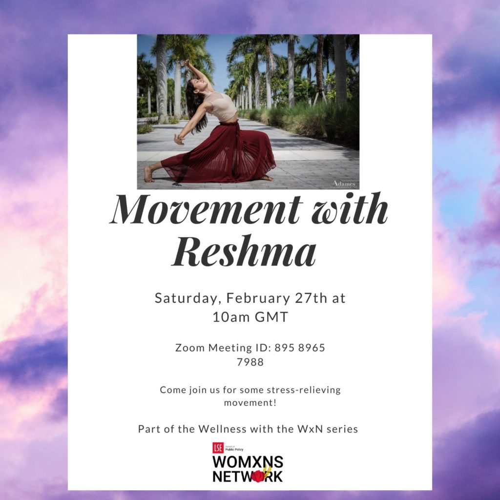 A poster with the words movement with Reshma on it.